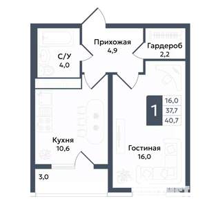 1-к квартира, вторичка, 41м2, 4/22 этаж