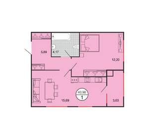 1-к квартира, строящийся дом, 41м2, 1/6 этаж
