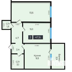 2-к квартира, вторичка, 48м2, 1/16 этаж