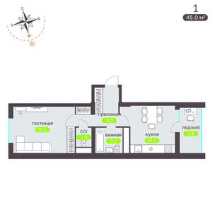 1-к квартира, вторичка, 45м2, 8/19 этаж