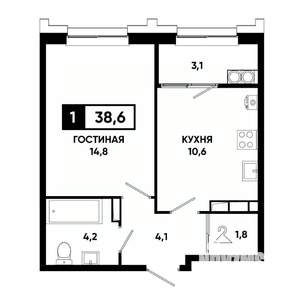 1-к квартира, строящийся дом, 39м2, 17/21 этаж