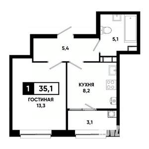 1-к квартира, вторичка, 35м2, 4/19 этаж