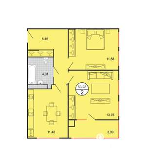 2-к квартира, вторичка, 53м2, 5/6 этаж