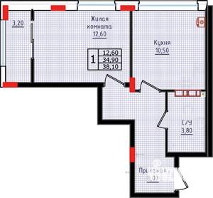 1-к квартира, строящийся дом, 38м2, 1/10 этаж