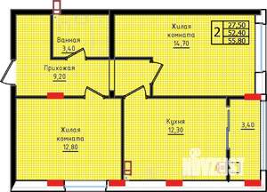 2-к квартира, строящийся дом, 56м2, 1/10 этаж