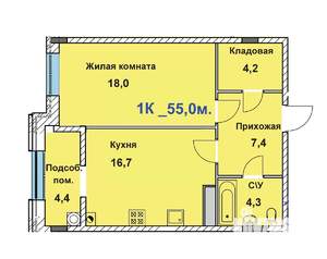 1-к квартира, строящийся дом, 55м2, 6/8 этаж