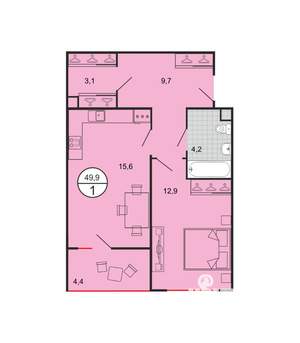 1-к квартира, строящийся дом, 52м2, 1/19 этаж