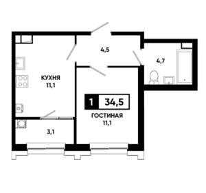 1-к квартира, строящийся дом, 35м2, 10/21 этаж