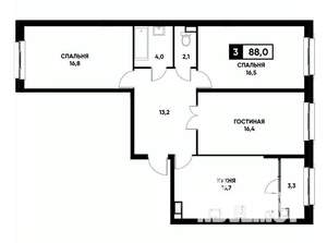 3-к квартира, вторичка, 88м2, 9/16 этаж