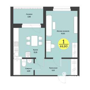 1-к квартира, строящийся дом, 45м2, 8/12 этаж