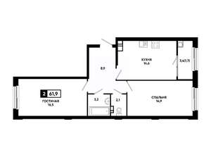 2-к квартира, вторичка, 62м2, 3/14 этаж