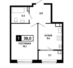 1-к квартира, вторичка, 38м2, 3/19 этаж