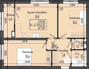2-к квартира, вторичка, 67м2, 17/25 этаж