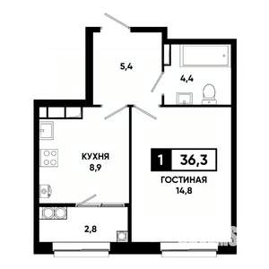 1-к квартира, вторичка, 36м2, 15/19 этаж