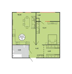 1-к квартира, строящийся дом, 49м2, 1/6 этаж