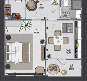 1-к квартира, вторичка, 44м2, 4/8 этаж