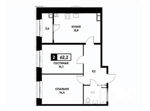 2-к квартира, вторичка, 62м2, 7/12 этаж