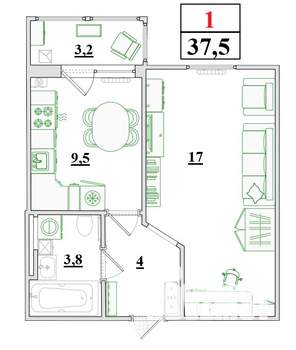 1-к квартира, строящийся дом, 38м2, 8/9 этаж