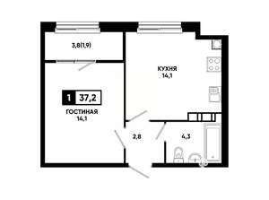1-к квартира, вторичка, 37м2, 4/14 этаж