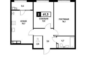 2-к квартира, вторичка, 61м2, 16/16 этаж