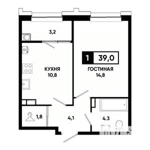 1-к квартира, строящийся дом, 39м2, 11/21 этаж