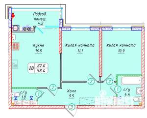 2-к квартира, вторичка, 58м2, 14/22 этаж