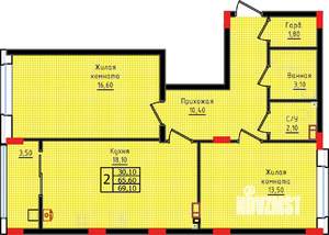 2-к квартира, вторичка, 69м2, 6/10 этаж
