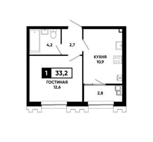 1-к квартира, строящийся дом, 33м2, 2/21 этаж