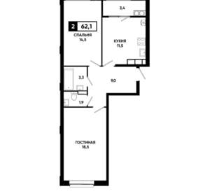 2-к квартира, строящийся дом, 62м2, 13/19 этаж