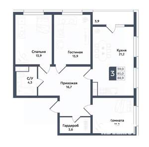 3-к квартира, вторичка, 89м2, 3/22 этаж