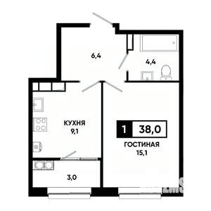 1-к квартира, вторичка, 38м2, 17/19 этаж
