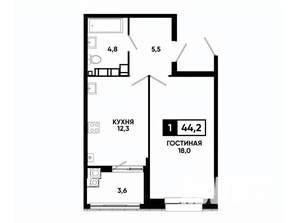 1-к квартира, вторичка, 44м2, 12/16 этаж
