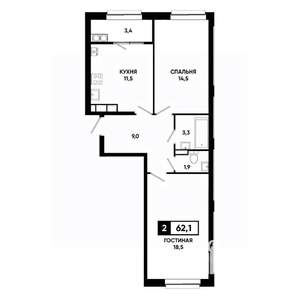2-к квартира, строящийся дом, 62м2, 15/19 этаж