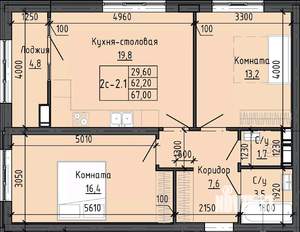 2-к квартира, вторичка, 67м2, 6/25 этаж