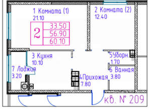2-к квартира, строящийся дом, 60м2, 7/22 этаж