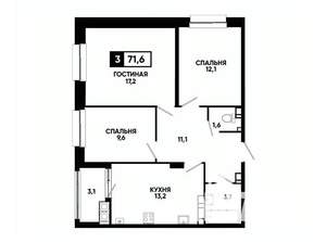 3-к квартира, вторичка, 72м2, 14/16 этаж