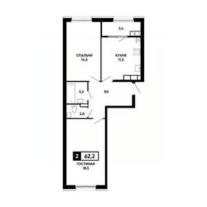 2-к квартира, вторичка, 62м2, 14/18 этаж