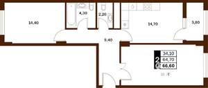 3-к квартира, строящийся дом, 67м2, 1/14 этаж
