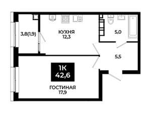 1-к квартира, вторичка, 43м2, 8/24 этаж