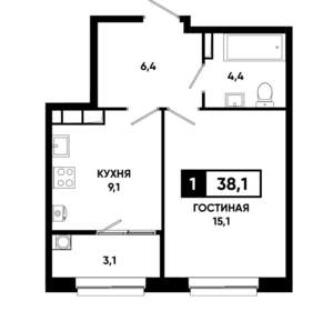 1-к квартира, строящийся дом, 38м2, 12/19 этаж