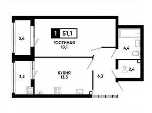 1-к квартира, вторичка, 51м2, 1/16 этаж