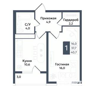 1-к квартира, вторичка, 41м2, 10/22 этаж