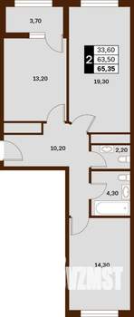 2-к квартира, строящийся дом, 65м2, 1/14 этаж