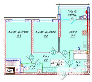 2-к квартира, вторичка, 51м2, 21/22 этаж