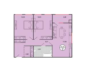 2-к квартира, вторичка, 62м2, 1/6 этаж