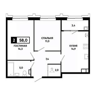 2-к квартира, вторичка, 58м2, 10/21 этаж