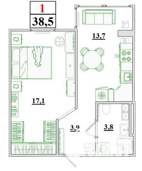 1-к квартира, строящийся дом, 39м2, 5/9 этаж