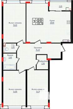 3-к квартира, строящийся дом, 97м2, 8/10 этаж