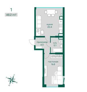 1-к квартира, вторичка, 48м2, 5/18 этаж