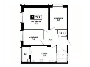 3-к квартира, вторичка, 72м2, 2/16 этаж
